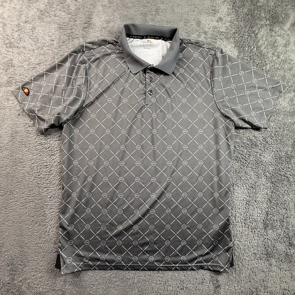Ellesse Vontali Mens L Gray Geometric Print Polo Shirt Athletic Golf